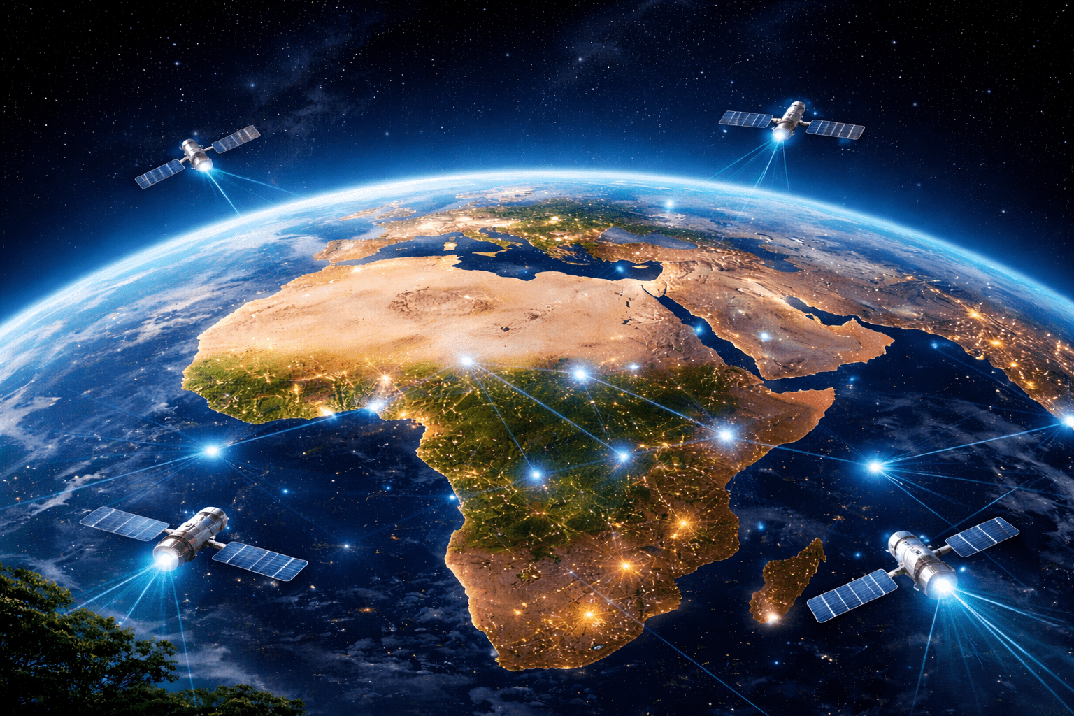African space industry concept with satellites, Earth observation, and connectivity across Africa