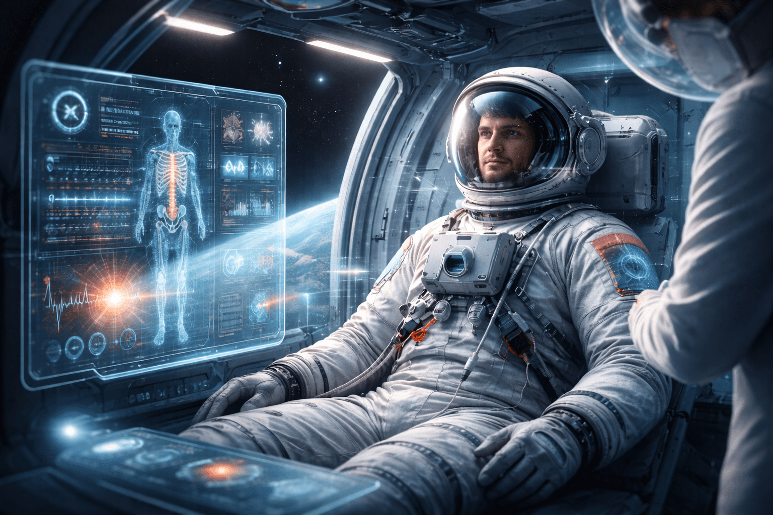 Space medicine concept showing astronaut health monitoring during a space mission