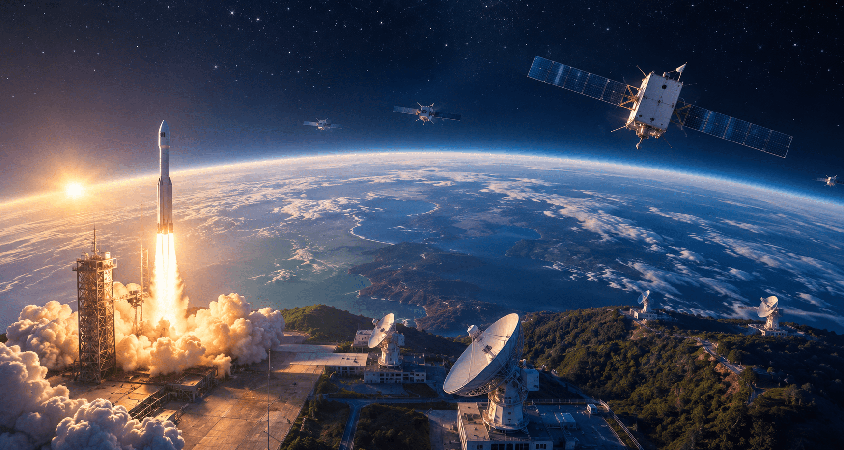 China commercial space industry with rockets, satellites, and Earth observation infrastructure in orbit around Earth